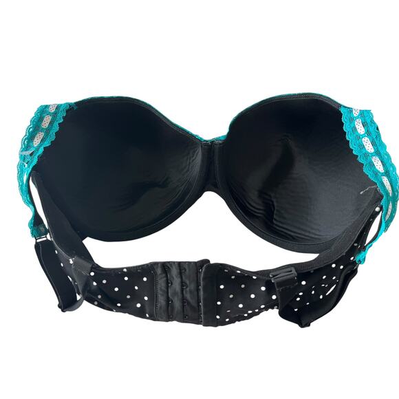 CACIQUE PADDED UNDER WIRE HOOK & EYE BRA, WOMENS, 42F, BLACK POLKA DOT-TEAL LACE - Picture 5 of 10